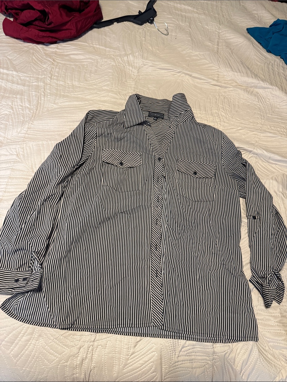 Elementz Black and White Striped Dress Shirt Sz L Women